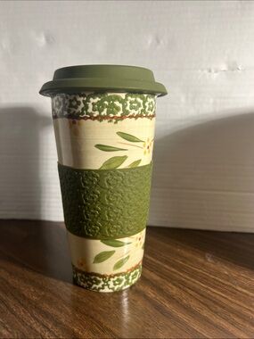 Temptations coffee Ceramic Travel Mug with Olive Silicone Lid & Grip